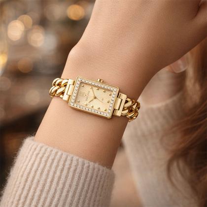 Imagem de Relógio Analógico Feminino Dourado Quadrado com Caixa e Pulseira de Aço Inoxidável e Pedras à Prova D Água Luxo Elegante Sofisticado Technos