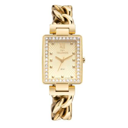 Imagem de Relógio Analógico Feminino Dourado Quadrado com Caixa e Pulseira de Aço Inoxidável e Pedras à Prova D Água Luxo Elegante Sofisticado Technos