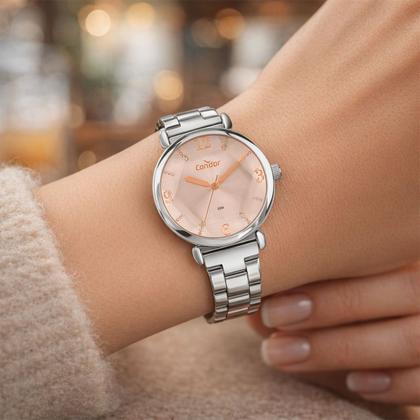 Imagem de Relógio Analógico Feminino Prata e Rosa com Caixa e Pulseira de Aço Inoxidável à Prova D Água Lente Facetada Luxo Fashion Elegante Condor