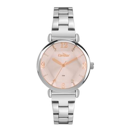 Imagem de Relógio Analógico Feminino Prata e Rosa com Caixa e Pulseira de Aço Inoxidável à Prova D Água Lente Facetada Luxo Fashion Elegante Condor
