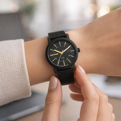 Imagem de Relógio Analógico Feminino Preto com Caixa e Pulseira de Aço Inoxidável à Prova D Água Pequeno Fashion Elegante Mormaii