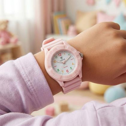 Imagem de Relógio Analógico Infantil Feminino Rosa com Caixa de Polímero e Pulseira de Silicone à Prova D Água Fashion Elegante Tuguir