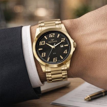 Imagem de Relógio Analógico Masculino Dourado e Preto com Caixa e Pulseira de Aço Inoxidável à Prova D Água Luxo Technos
