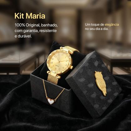 Imagem de relogio banhado aço inox feminino + colar pulseira + caixa silicone analogico moda social pulseira ajustavel dourado