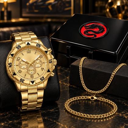 Imagem de relogio banhado aco masculino + pulseira + cordao grumet social casual dourado original presente analogico dragao