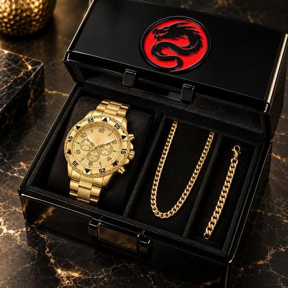 Imagem de relogio banhado aco masculino + pulseira + cordao grumet social casual dourado original presente analogico dragao