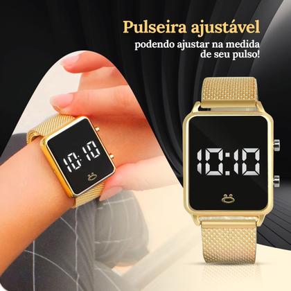 Imagem de Relogio Banhado Digital Aço Feminino + Colar Brincos qualidade premium social banhado dourado presente casual