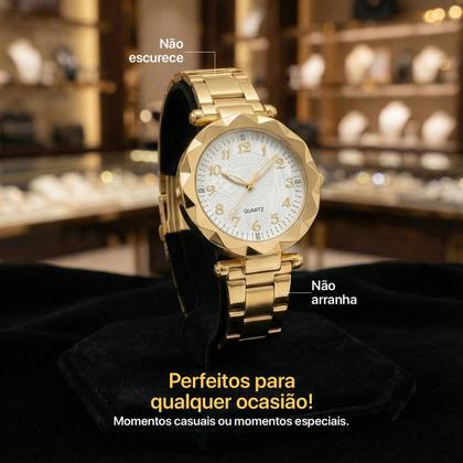 Imagem de Relogio Banhado Feminino Aco + Colar Pulseira original casual silicone ajustavel dourado presente social brincos