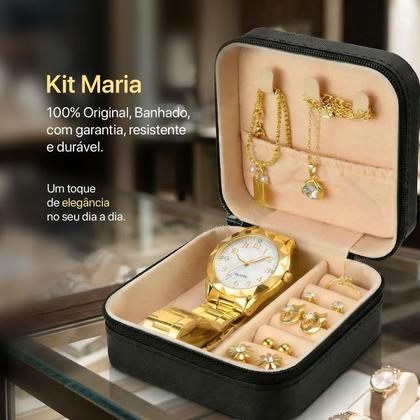 Imagem de Relogio Banhado Feminino Aco + Colar Pulseira original casual silicone ajustavel dourado presente social brincos