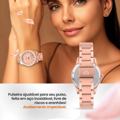Imagem de relogio banhado feminino colar pulseira + porta joia aco presente casual silicone ajustavel rose brincos original social