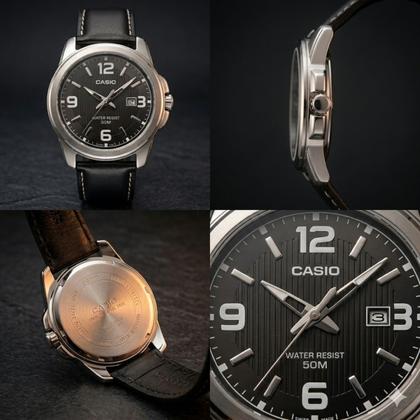 Imagem de Relogio Casio Masculino MTP-1314PL-8AV Couro Preto Mostrador Cinza Aco Inox Casual Resistente Água 50 ATM