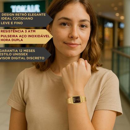 Imagem de Relógio Casio Unissex AQ-230GA Dourado Anadigi Digital Analógico Casual Quadrado Aço Inóx Social Classico Vintage Resistente Água 3ATM