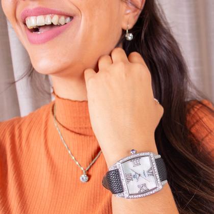 Imagem de Relógio Champion Ana Hickmann Analógico Couro Aço Prata AH28259Q Kit Colar e Brincos