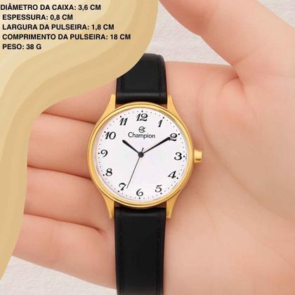 Imagem de Relogio Champion CH22233M Feminino Pulseira Couro Preto Quartzo Resistente Agua 5 ATM Redondo Social Dourado