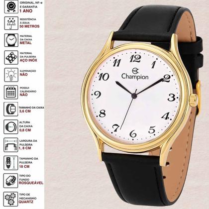 Imagem de Relogio Champion CH22233M Feminino Pulseira Couro Preto Quartzo Resistente Agua 5 ATM Redondo Social Dourado