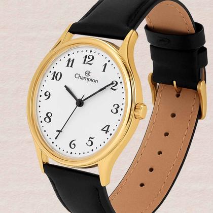 Imagem de Relogio Champion CH22233M Feminino Pulseira Couro Preto Quartzo Resistente Agua 5 ATM Redondo Social Dourado