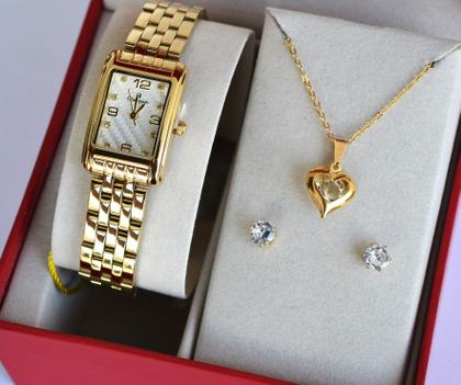Imagem de Relogio Champion Dourado Quadrado Feminino CN28366H + Semi Joia
