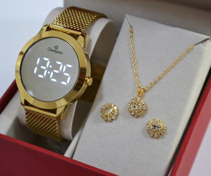 Imagem de Relogio champion dourado redondo espelhado lançamento ch40106b + kit semi joia