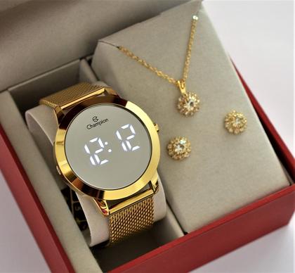 Imagem de Relogio champion dourado redondo espelhado lançamento ch40106b + kit semi joia