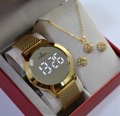 Imagem de Relogio champion dourado redondo espelhado lançamento ch40106b + kit semi joia