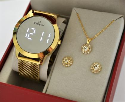 Imagem de Relogio champion dourado redondo espelhado lançamento ch40106b + kit semi joia