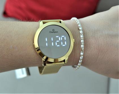 Imagem de Relogio champion dourado redondo espelhado lançamento ch40106b + kit semi joia