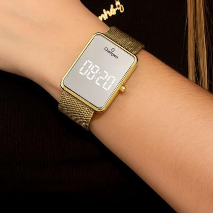 Imagem de Relógio Champion Feminino Digital Espelhado Led Quartzo Modern Prova Dágua 3 ATM 30 Metros Pulseira de Aço Inóx Casual Dourado CH40080B