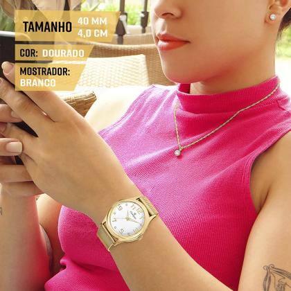 Imagem de Relógio Champion Feminino Dourado Branco Prova d'água com 1 ano de garantia e colar e brincos