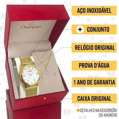 Imagem de Relógio Champion Feminino Dourado Branco Prova d'água com 1 ano de garantia e colar e brincos