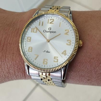 Imagem de Relogio Champion feminino dourado e prata misto bicolor grande slim fino com numeros banhado folheado CN21130B