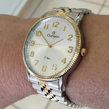 Imagem de Relogio Champion feminino dourado e prata misto bicolor grande slim fino com numeros banhado folheado CN21130B