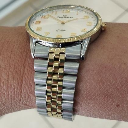 Imagem de Relogio Champion feminino dourado e prata misto bicolor grande slim fino com numeros banhado folheado CN21130B