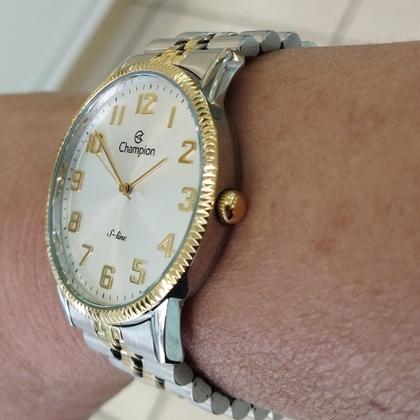 Imagem de Relogio Champion feminino dourado e prata misto bicolor grande slim fino com numeros banhado folheado CN21130B
