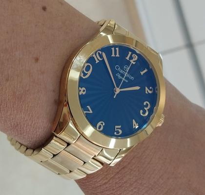 Imagem de Relogio Champion Feminino dourado grande mostrador azul com numeros CN26564A