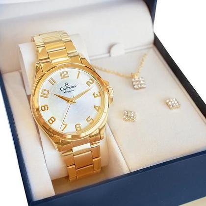 Imagem de Relógio Champion Feminino Dourado Prova DAgua CN26377W Colar e Brincos