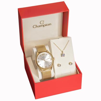 Imagem de Relógio Champion Feminino Dourado Prova DAgua + Kit de Brincos e Colar Garantia De Um Ano