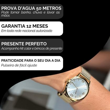 Imagem de Relógio Champion Feminino Dourado Prova DAgua + Kit de Brincos e Colar Garantia De Um Ano