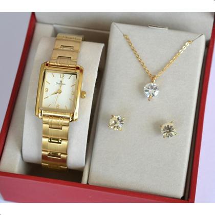 Imagem de Relogio champion feminino dourado quadrado pequeno ch25187h + kit semi joia