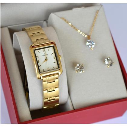 Imagem de Relogio champion feminino dourado quadrado pequeno ch25187h + kit semi joia