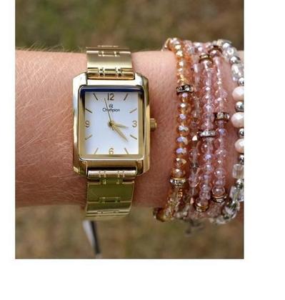 Imagem de Relogio champion feminino dourado quadrado pequeno ch25187h + kit semi joia