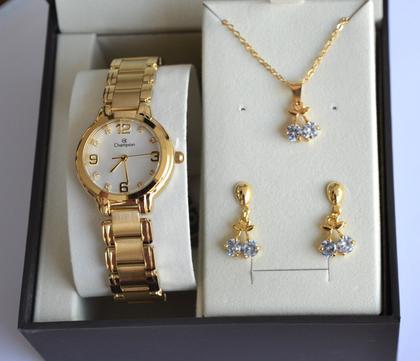 Imagem de Relogio champion feminino pequeno dourado cn28419w + kit semi joia