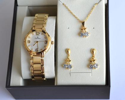 Imagem de Relogio champion feminino pequeno dourado cn28419w + kit semi joia
