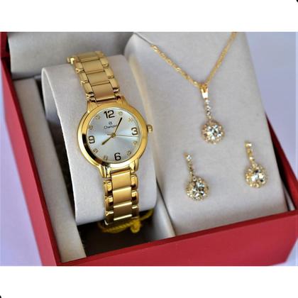 Imagem de Relogio champion feminino pequeno dourado cn28419w + kit semi joia