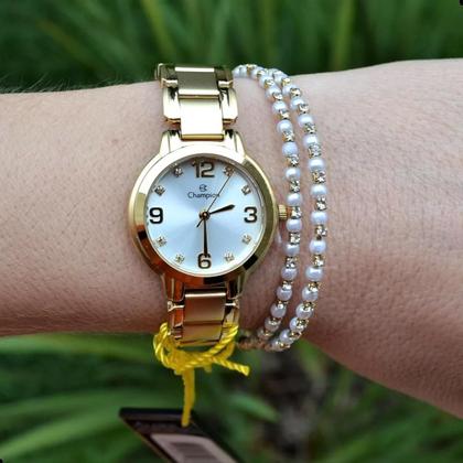 Imagem de Relogio champion feminino pequeno dourado cn28419w + kit semi joia