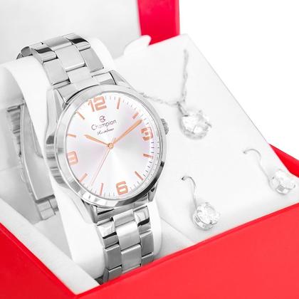 Imagem de Relógio Champion Feminino Prata Prova DAgua + Kit de Brincos e Colar Garantia De Um Ano CN29893Q