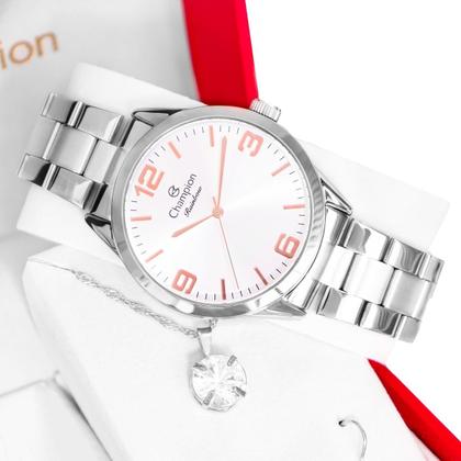 Imagem de Relógio Champion Feminino Prata Prova DAgua + Kit de Brincos e Colar Garantia De Um Ano CN29893Q