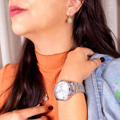 Imagem de Relógio Champion Feminino Prata Prova DAgua + Kit de Brincos e Colar Garantia De Um Ano CN29893Q