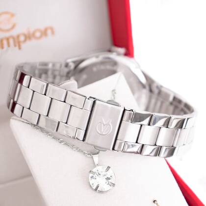 Imagem de Relógio Champion Feminino Prata Prova DAgua + Kit de Brincos e Colar Garantia De Um Ano CN29893Q