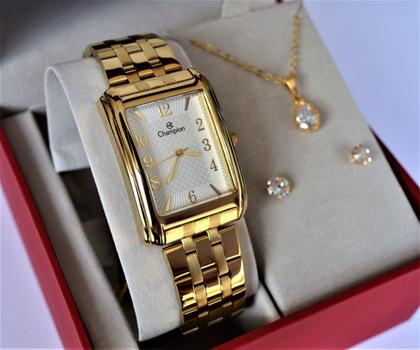 Imagem de Relogio champion feminino quadrado dourado medio cn20373w + kit semi joia