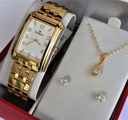 Imagem de Relogio champion feminino quadrado dourado medio cn20373w + kit semi joia